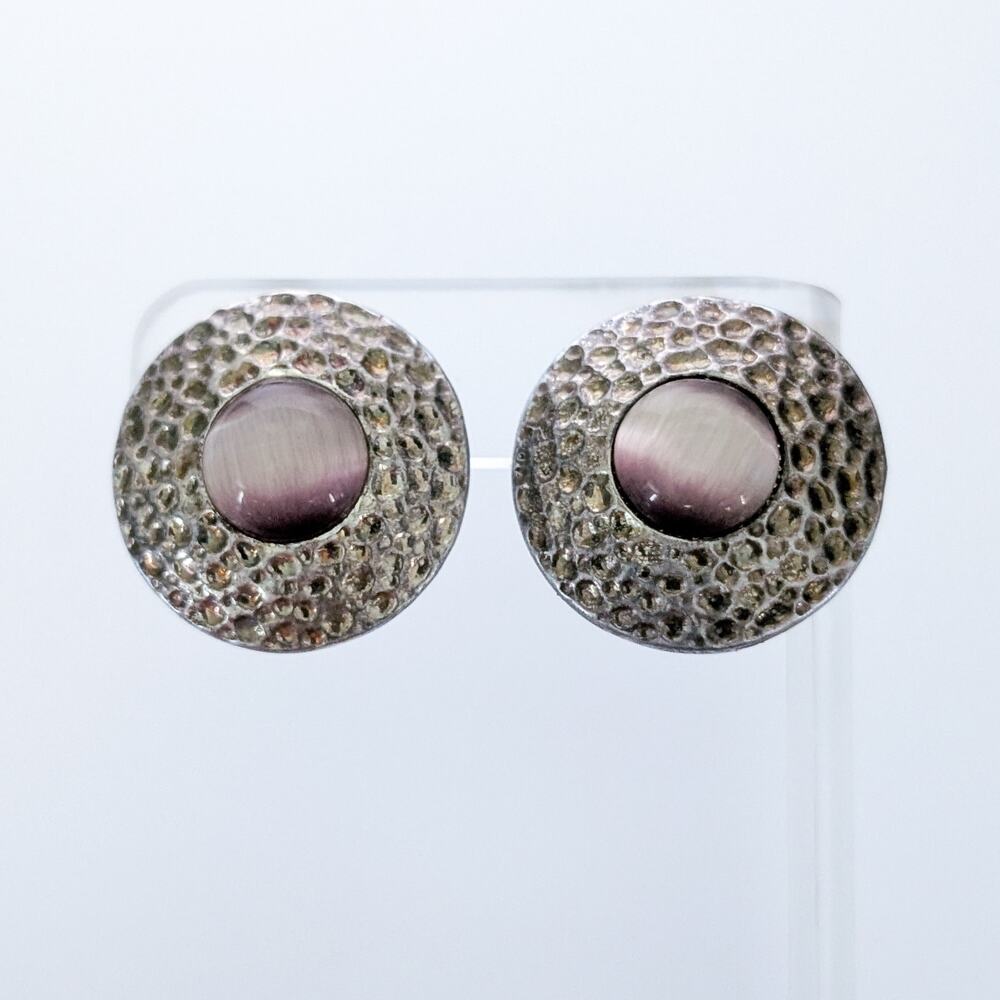 Vintage Clip On Earrings Large with Purple-ish Center - Tarnished